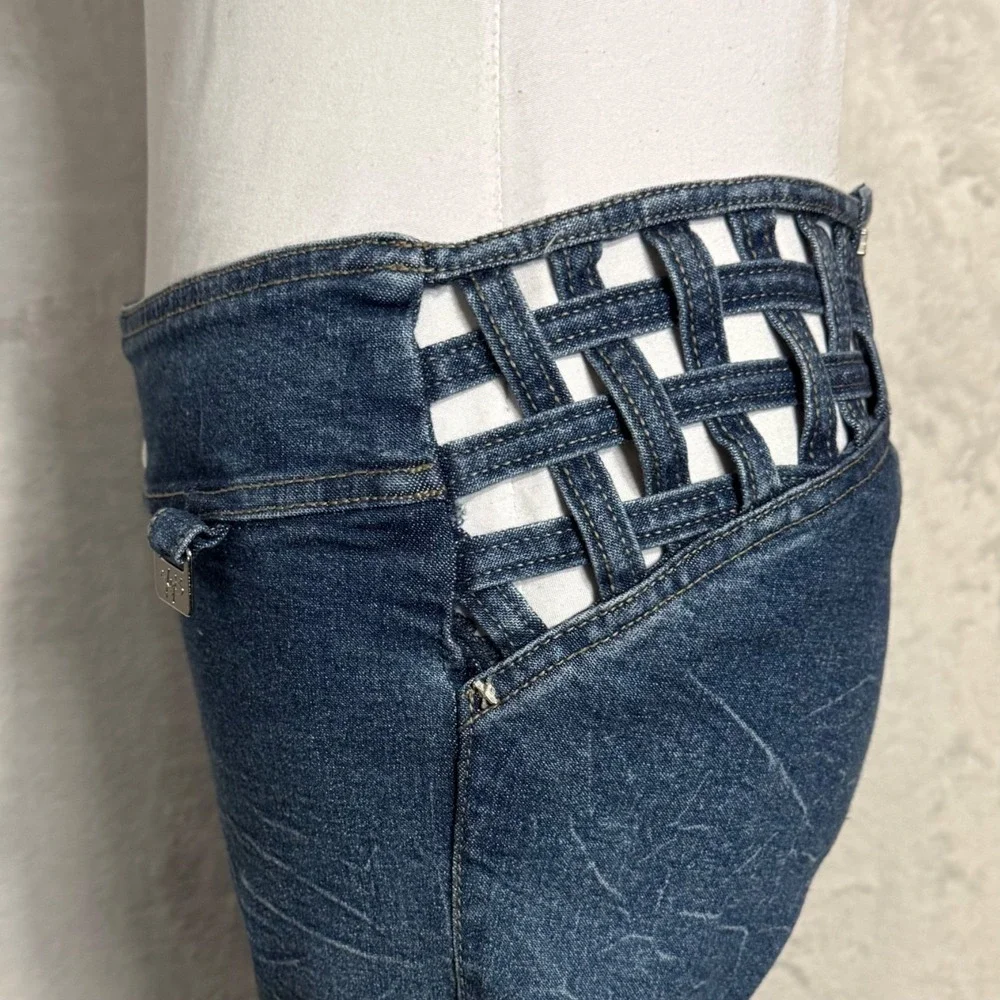 Y2K‎ 90s Cut Out Caged Waist Low Rise Jeans 4 2 Cuffed Convertible Rave Vintage